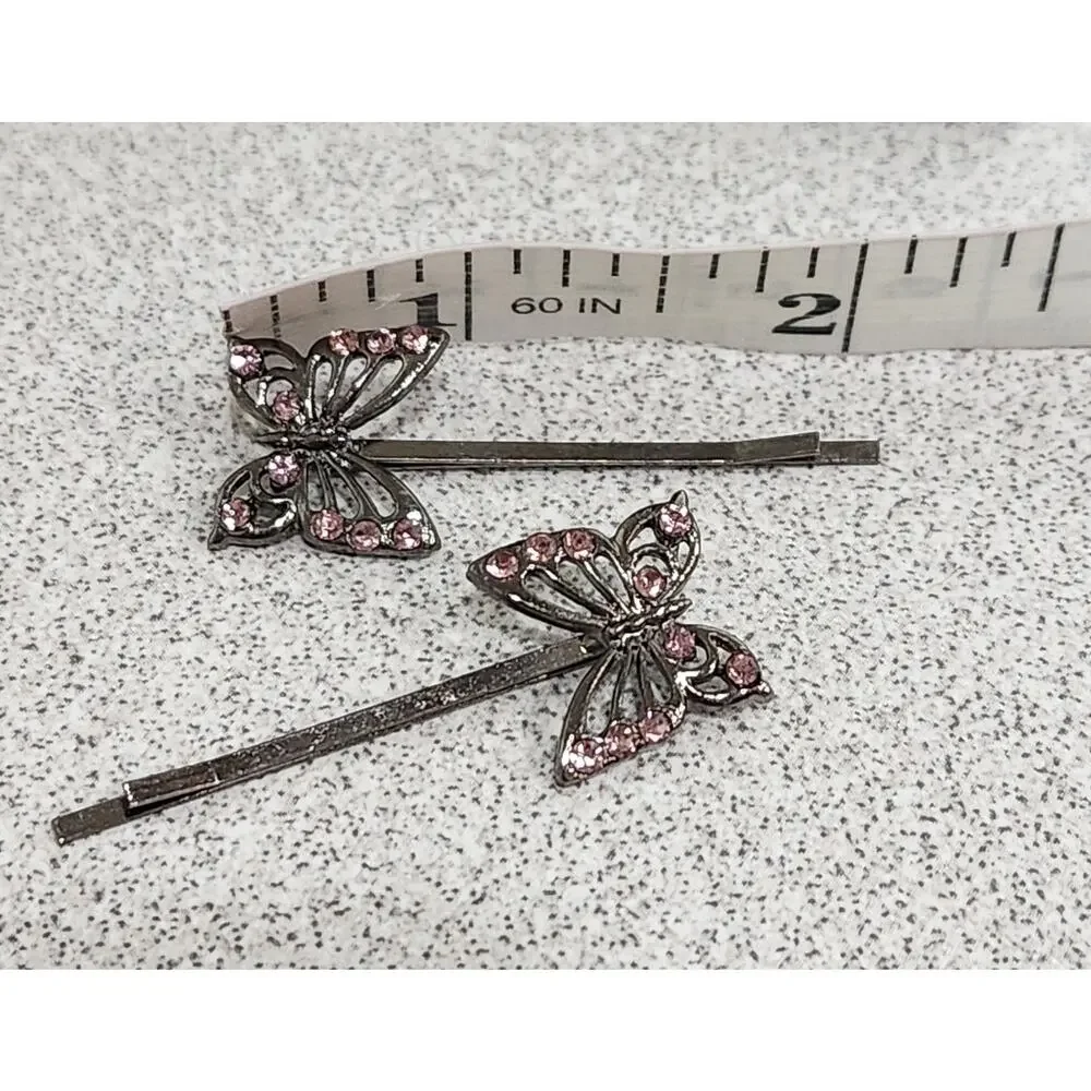 VTG Pink Rhinestones Silver Pair of Butterflies Hair Pins Lightweight Metal